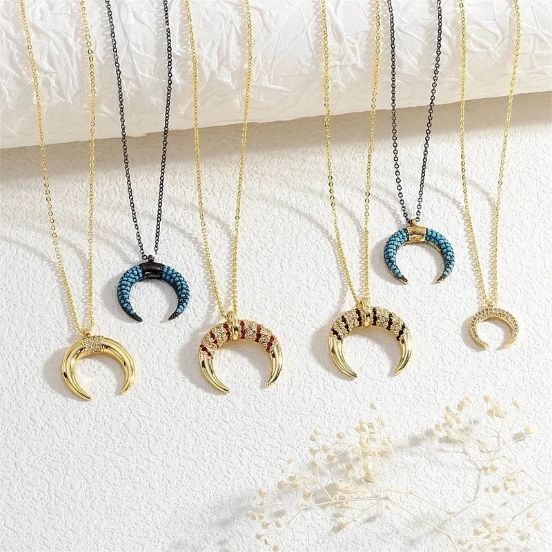 Copper Cable Chain Inlay Moon Zircon Pendant Necklace