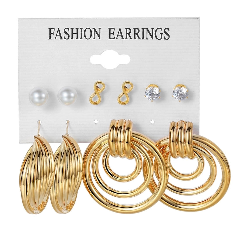 Retro Round Alloy Plating Artificial Pearls Women\'s Earrings Ear Studs 6-piece Set