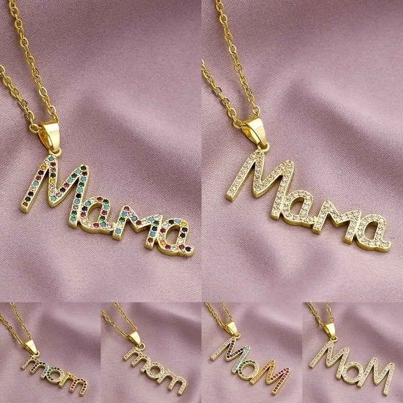 304 Stainless Steel Copper MAMA Minimalist Plating Inlay Letter Zircon Pendant Necklace