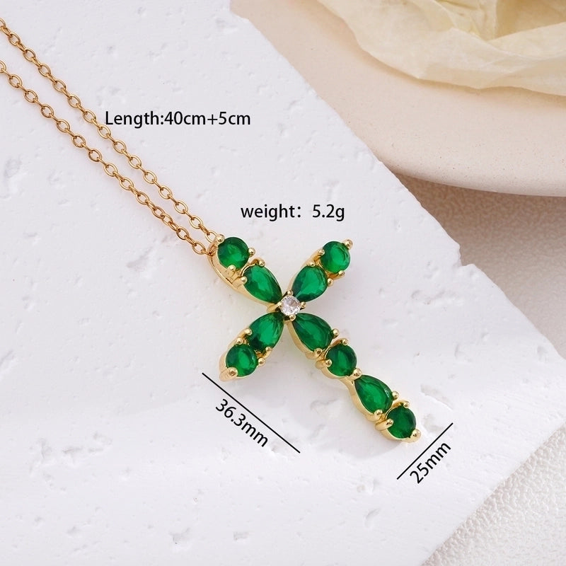 304 Stainless Steel Copper Inlay Cross Zircon Pendant Necklace