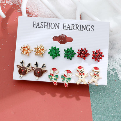 New Christmas Snowman Cane Earrings Set Cartoon Dripping Elk Wreath Earrings