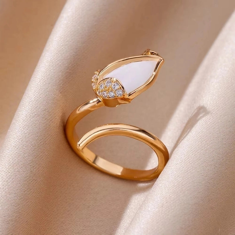 Copper 18K Gold Plated Flower Zirconia Open Rings Rings