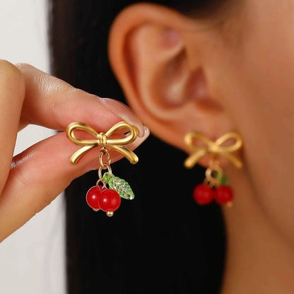 Sweet Minimalist Cherry Bow Knot 304 Stainless Steel Rings Earrings