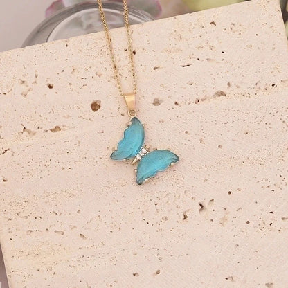 Stainless Steel Glass Copper 18K Gold Plated Cute Butterfly No Inlaid Pendant Necklace