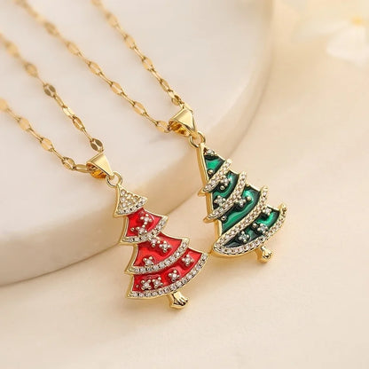 Copper Fish Mouth Chain 18K Gold Plated Enamel Inlay Christmas Tree Zircon Pendant Necklace