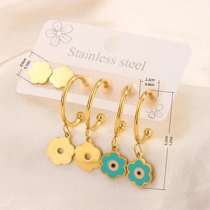 3 Pairs Minimalist Heart Shape Flower Enamel 304 Stainless Steel 18K Gold Plated Drop Earrings Ear Studs
