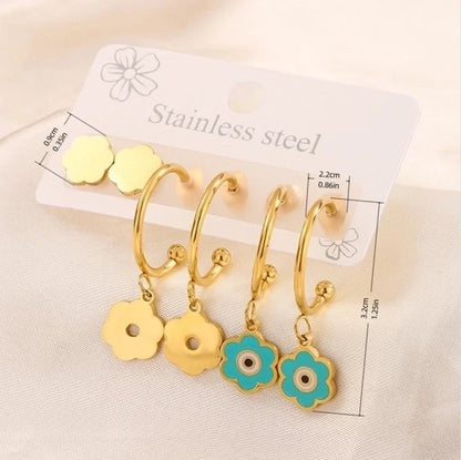 3 Pairs Minimalist Heart Shape Flower Enamel 304 Stainless Steel 18K Gold Plated Drop Earrings Ear Studs