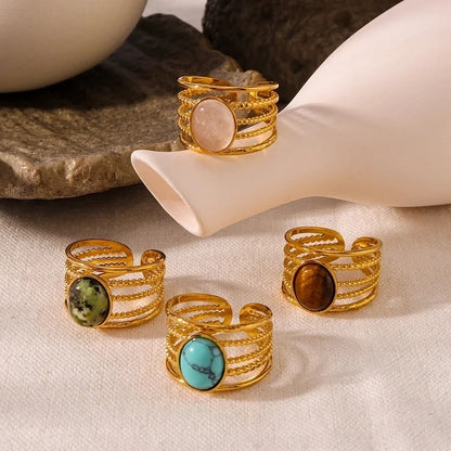 Vintage Style Modern Style Minimalist Oval 304 Stainless Steel Natural Stone 18K Gold Plated Hollow Out Inlay Open Rings