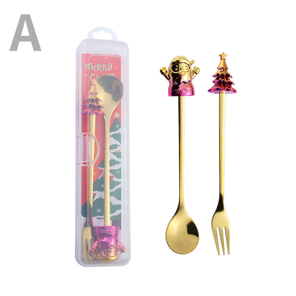 J Christmas Spoon Set Cartoon Colorful Santa Claus Christmas Tree Spoon Fork Coffee Dessert Spoon Gift Box