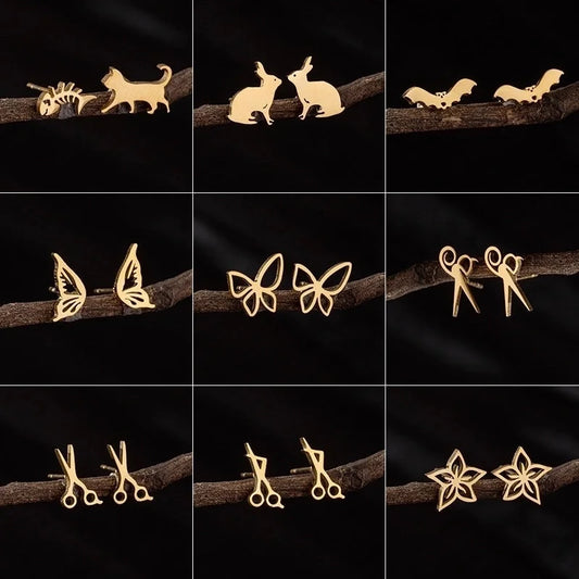 1 Pair Cute Minimalist Dog Cat Flower Polishing Hollow Out 304 Stainless Steel 18K Gold Plated Ear Studs