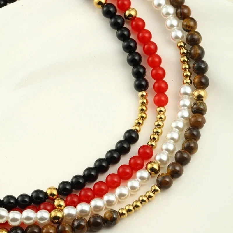 Vintage Style Classic Style Round 304 Stainless Steel Natural Stone Beaded Chain Necklace In Bulk