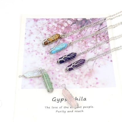 Minimalist Hexagon Prism Natural Stone Ferroalloy Knitting Pendant Necklace