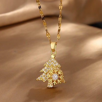 Casual Christmas Streetwear Round Christmas Tree Snowflake 304 Stainless Steel Pendant Necklace