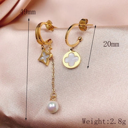 1 Pair Elegant Minimalist Commute Four Leaf Clover Inlay 304 Stainless Steel Acrylic Imitation Pearl 18K Gold Plated Ear Studs