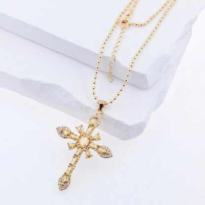 Copper 18K Gold Plated Plating Cross Zircon Pendant Necklace
