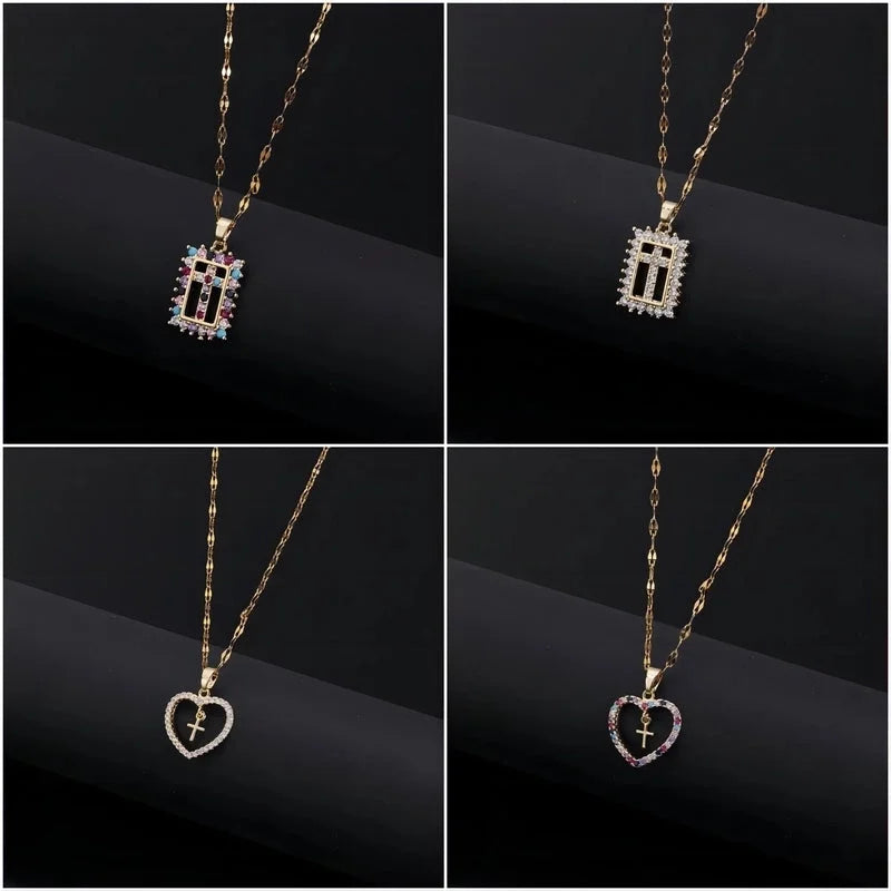 Copper Inlay Cross Zircon Pendant Necklace