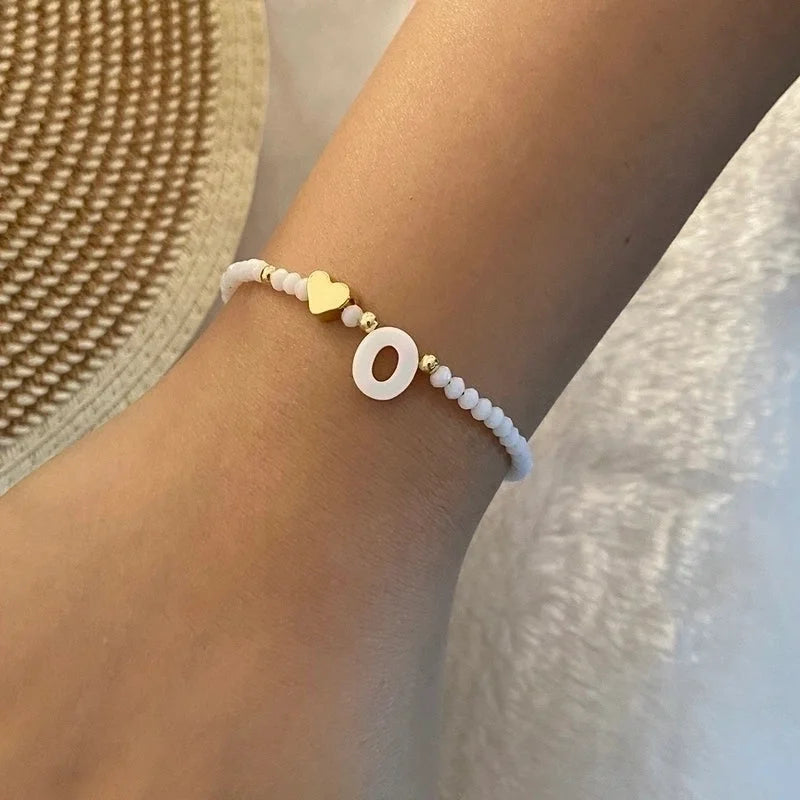 Sweet Commute Letter Heart Shape Stainless Steel Artificial Crystal Shell 18K Gold Plated Bracelets In Bulk