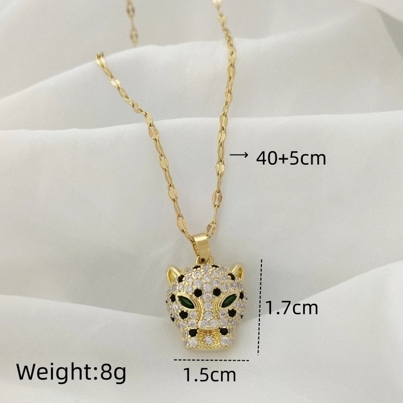 201 Stainless Steel Gold Plated Panda Jaguar Flower Large Diamond Glass Zircon Pendant Necklace