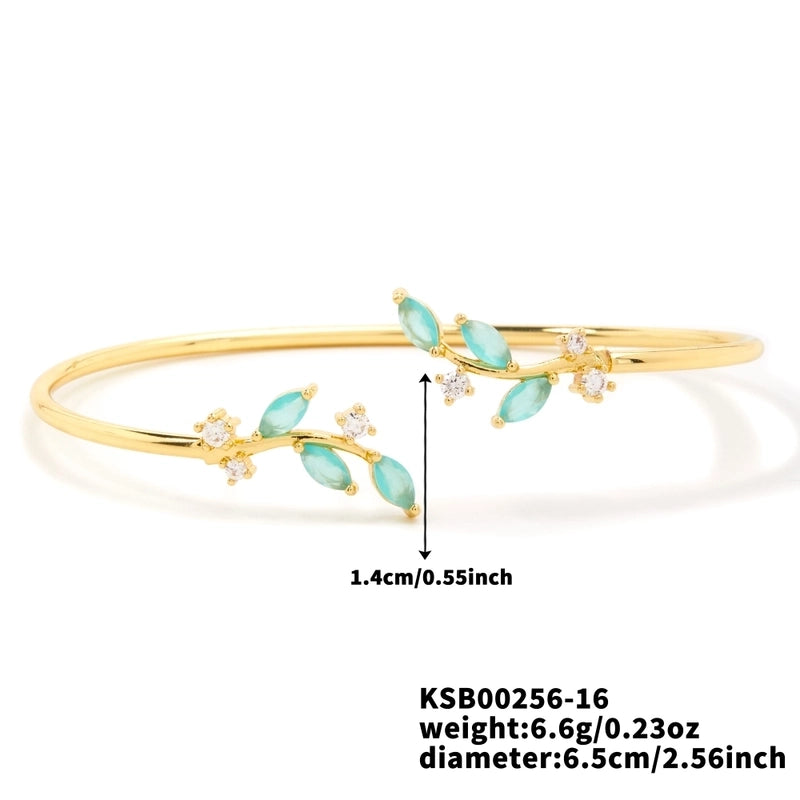 Copper K Gold Plated Shiny Metallic Inlay Geometric Leaf Zircon Bangle