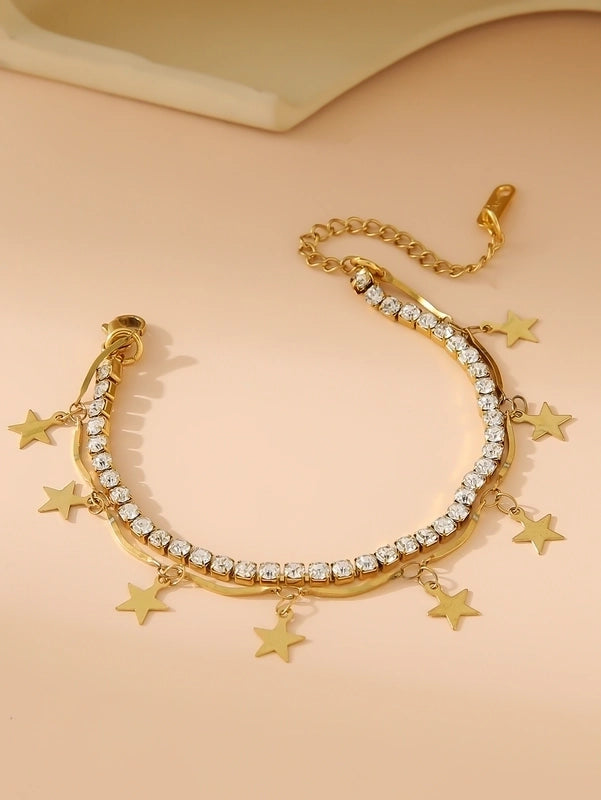 Elegant Glam Cross Star Leaves 304 Stainless Steel 18K Gold Plated Rhinestones Stainless Steel Bracelets In Bulk