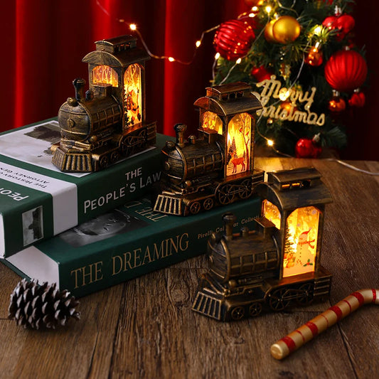 2 Pieces Christmas Decoration Glowing Santa Claus Driving Train Night Light Wind Lantern Christmas Gift Ornament