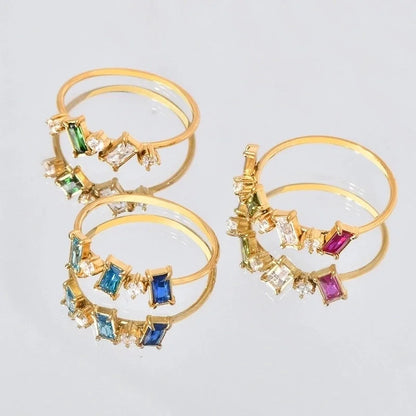 Elegant Geometric Solid Color 304 Stainless Steel Rhinestones 18K Gold Plated Inlay Rings