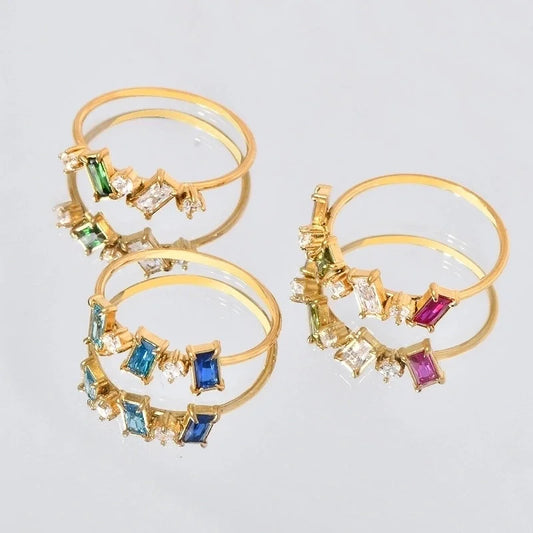 Elegant Geometric Solid Color 304 Stainless Steel Rhinestones 18K Gold Plated Inlay Rings
